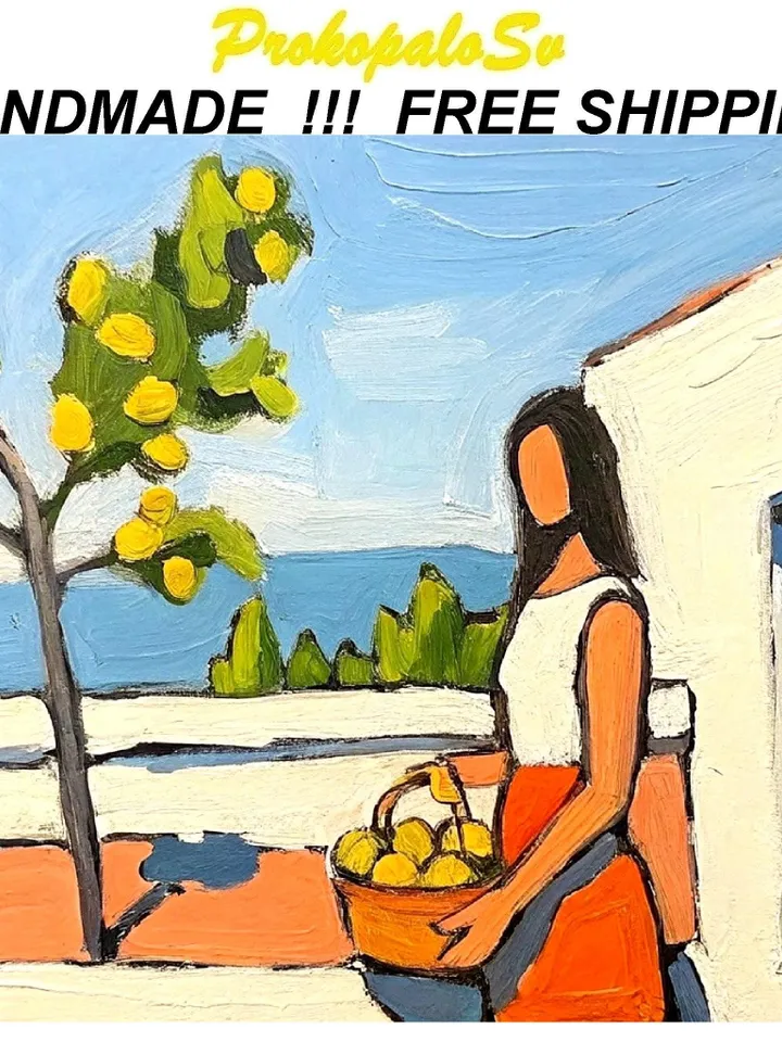 Woman with Basket of Lemons Oil Painting Yellow Lemon Tree Artwork Summer Kitchen Decor Gifts for Her by ArtProkopaloSv