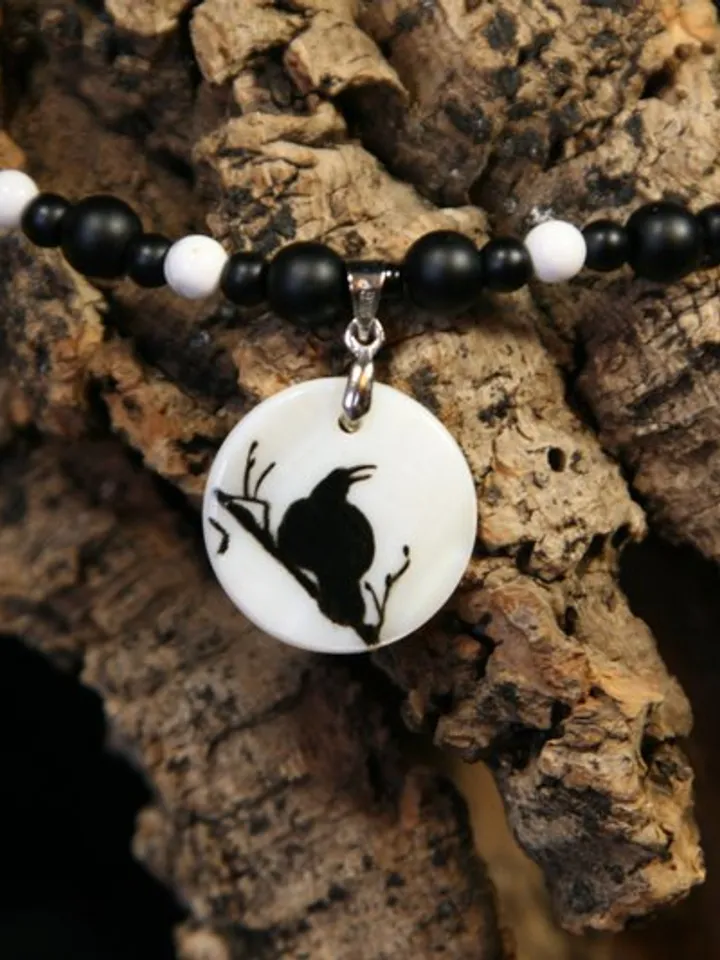 Raven or crow necklace with love rune on the other side. Nacre pearl pendant