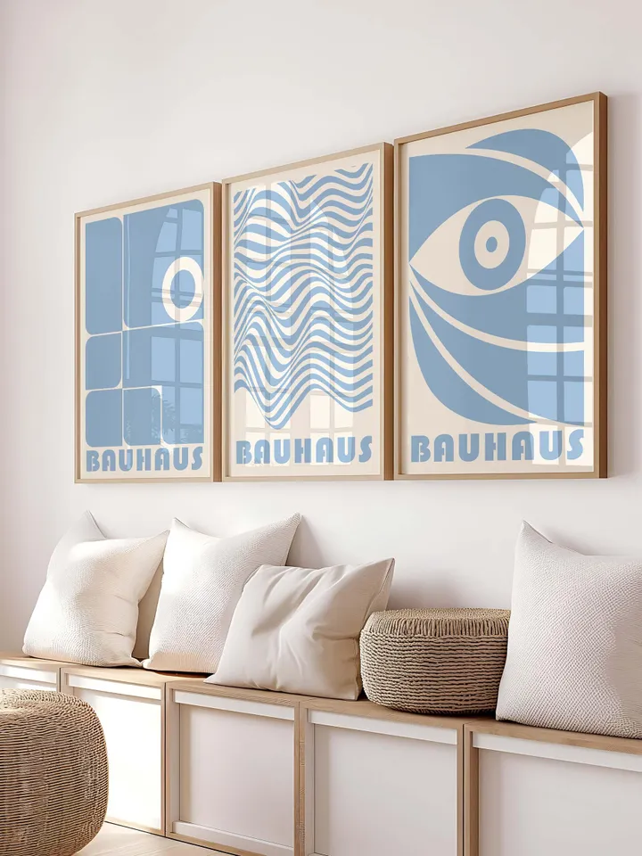Blue Pastel Bauhaus Wall Art Set of 3 – Modern Geometric Abstract Prints, Mid-Century Minimalist Poster Trio, Digital Download Decor
