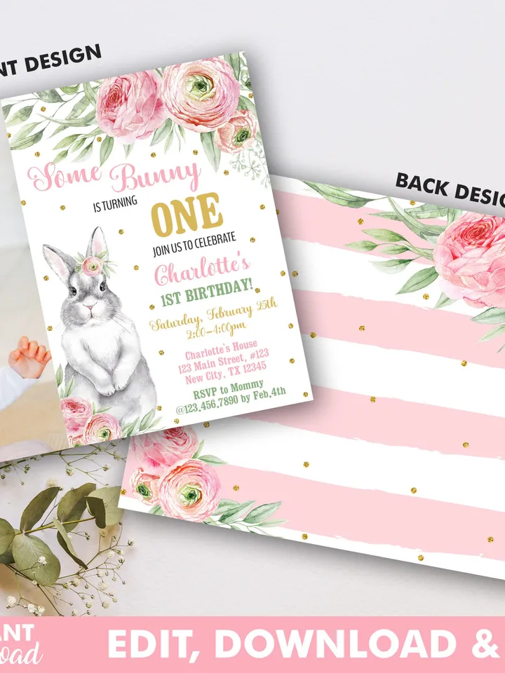 Bunny Birthday Invitation Girl 1st Birthday Invitation, Some Bunny Birthday Invitation with photo Instant Download, Editable Template