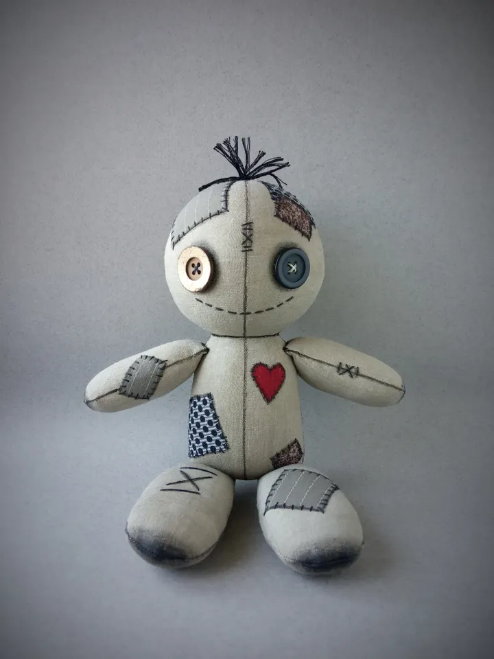 Handmade Doll With Button Eyes - Gray