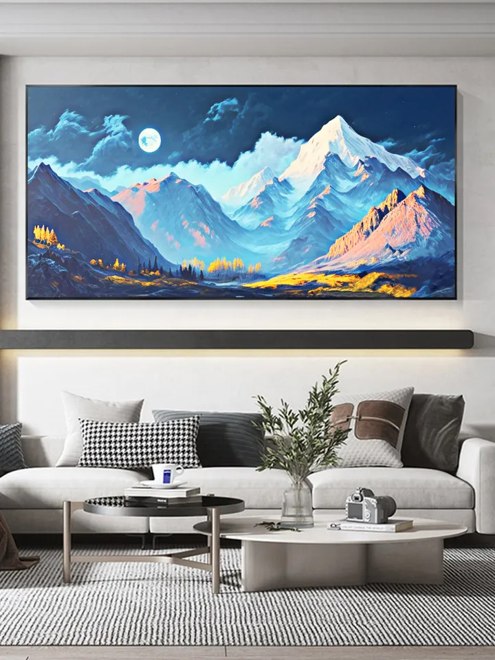 Landscape Oil Painting On Canvas, Original Snow Mountain Painting, Realistic Art of Field Scenery, Blue Decor, Large Wall Art, Home Decor