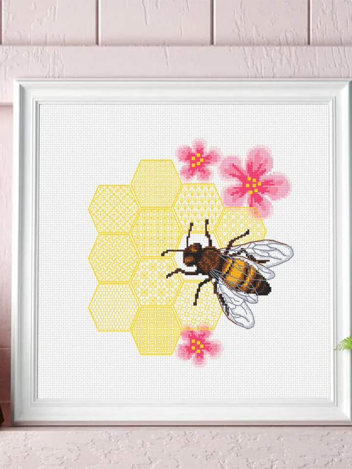 Honey bee cross stitch pattern PDF Honeycomb blackwork patterns download PDF, Honeybee floral blackwork embroidery, Bee hoop art #W14
