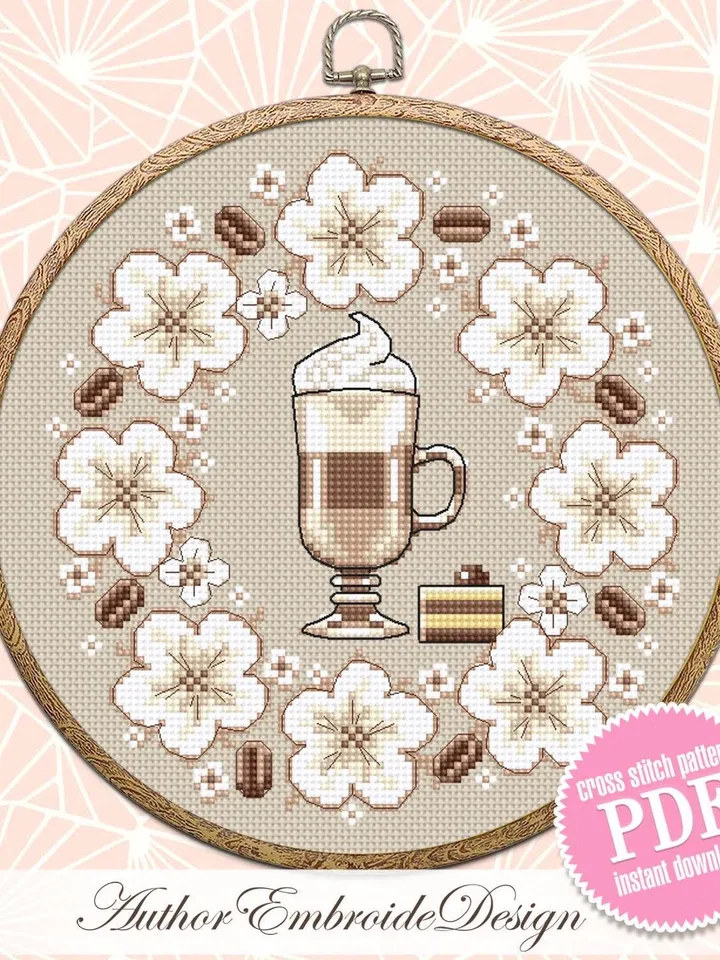 Coffee cross stitch pattern PDF download Latte cross stitch chart, Floral coffee pattern digital PDF, Flower wreath, Coffee lover gift #F19