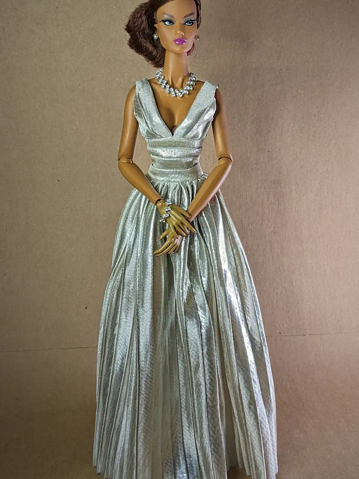 Silver pleated evening dress for 16 inch fashion doll