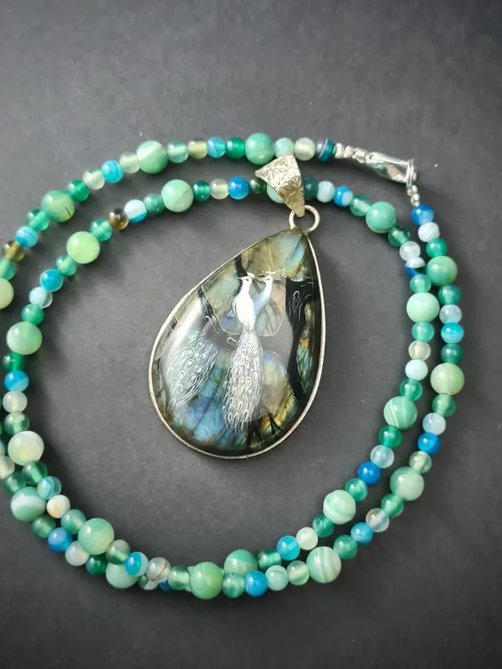 White peacock on labradorite gemstone pendant Miniature painting Necklace