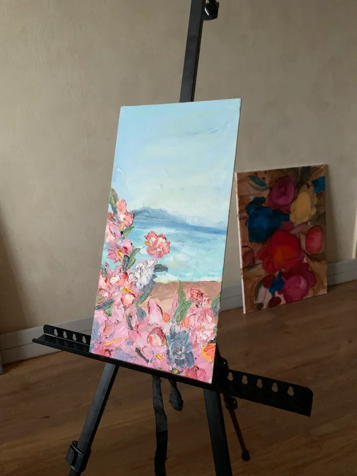 Flowers in the lagoon tropical flowers impasto original oil painting texture