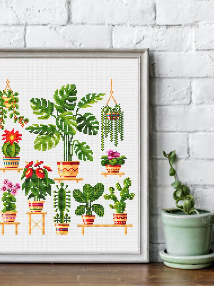House plants cross stitch pattern PDF download Floral cross stitch chart, Sampler plants pattern digital PDF, Plants lover gift #P8