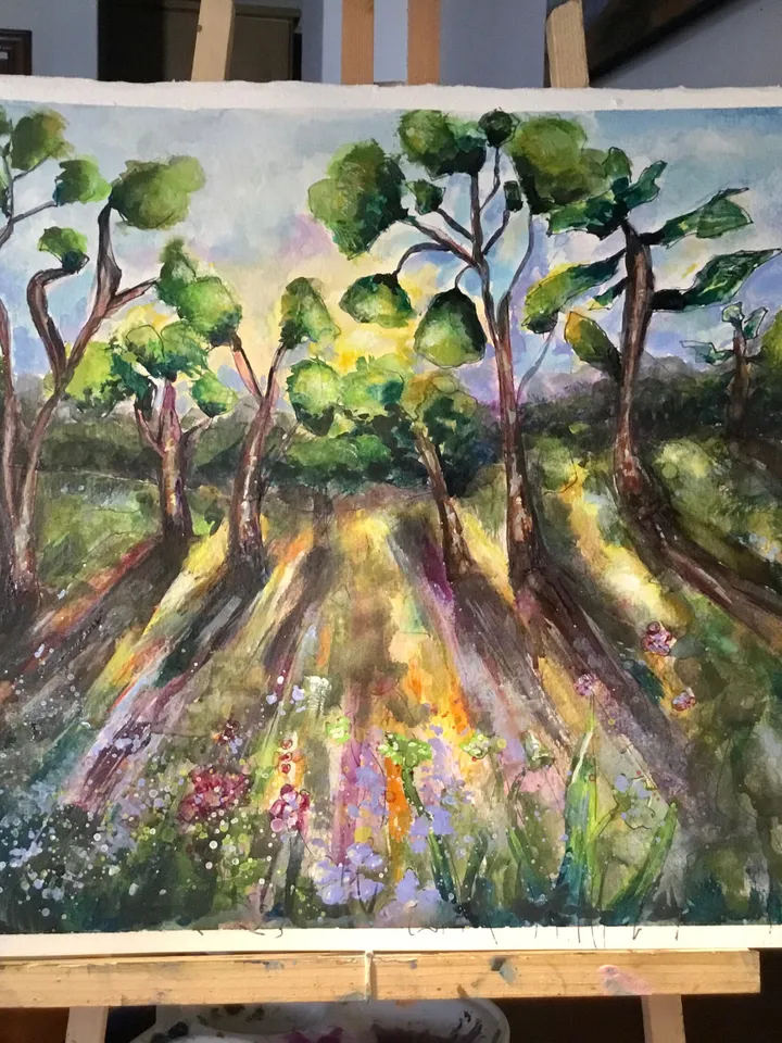 Fantasy landscape original watercolour painting,trees and flower fields on sunset,home decoration,wall hanging,gift.