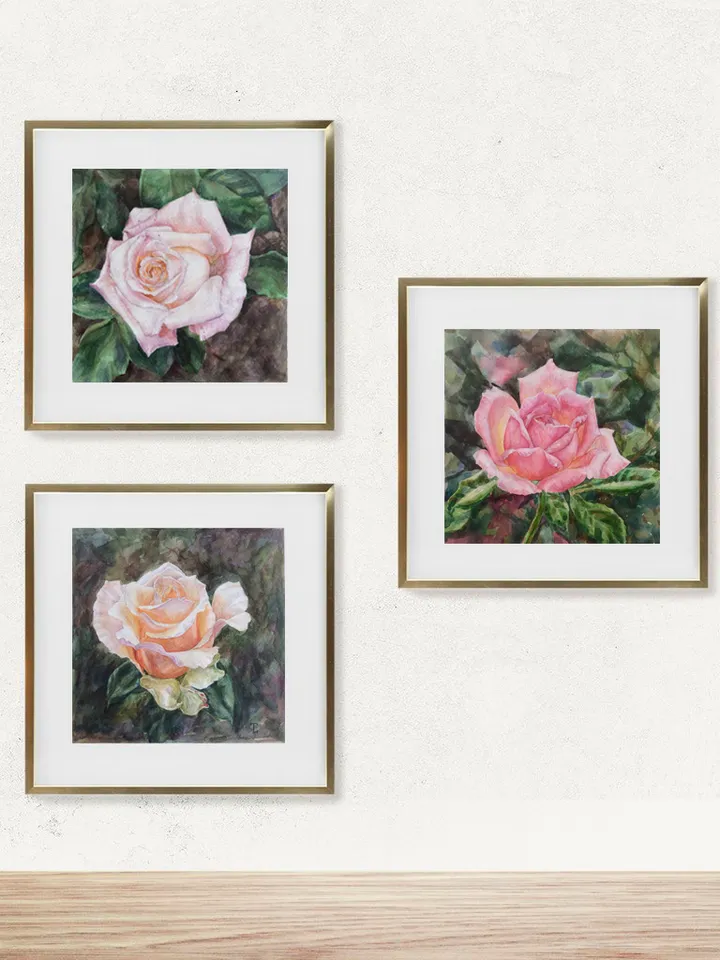 "Violet Rose" Flower Original Wall Art Painting Watercolor Artwork, 17x17cm.
