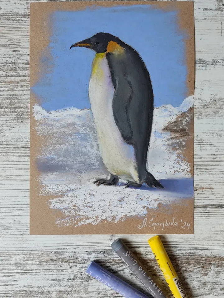 Penguin. Original oil pastel painting.