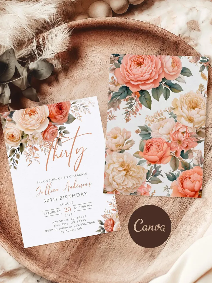 30th Birthday Invitation, Birthday Party Invitations for Women, Thirty Floral Birthday Invite for Her, Canva Editable Template, Digital File