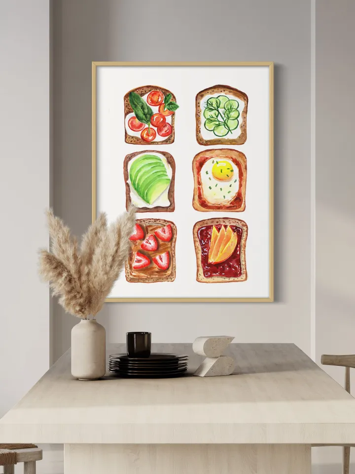 Food Poster Watercolor Painting Breakfast Art Print Kitchen Wall Decor Pop Food Art Avocado Toast Print Egg Wall Art Funny Gift Food Art