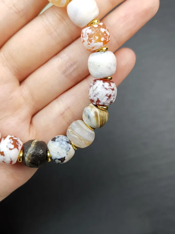 Gandhanra Tibetan Sugar Agate Beads Wrist Mala, Unique 11mm Barrel Shape Carnelian Bracelet