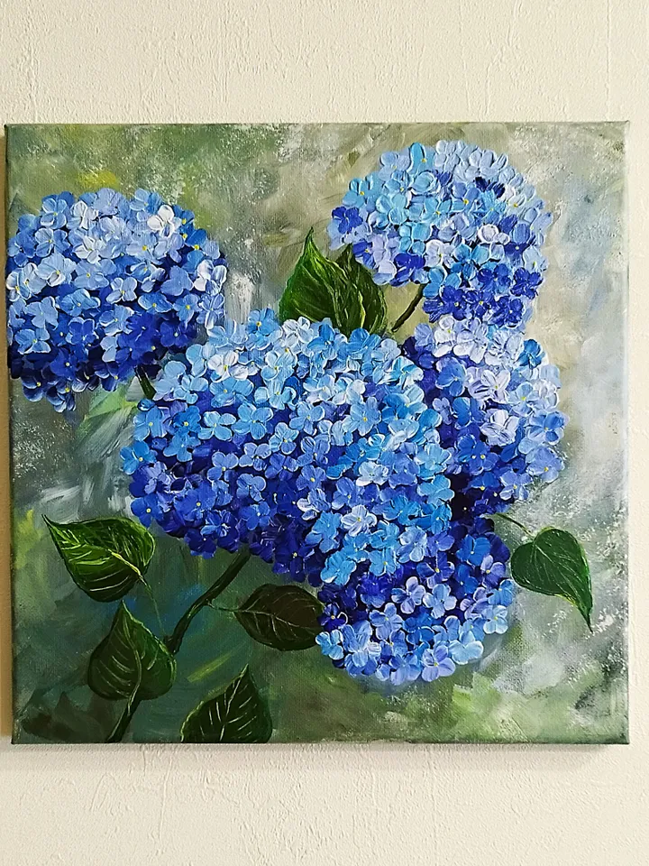 Blue Hydrangea Painting Art Impasto Flowers Artwork