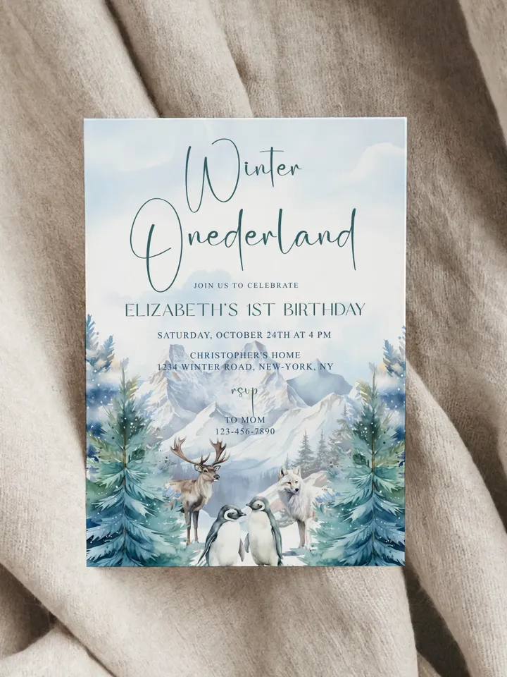 Winter Onederland Invitation | Wonderland Boy Girl First 1st Birthday Party Invite | Deer Arctic Animals Woodland Forest - I124
