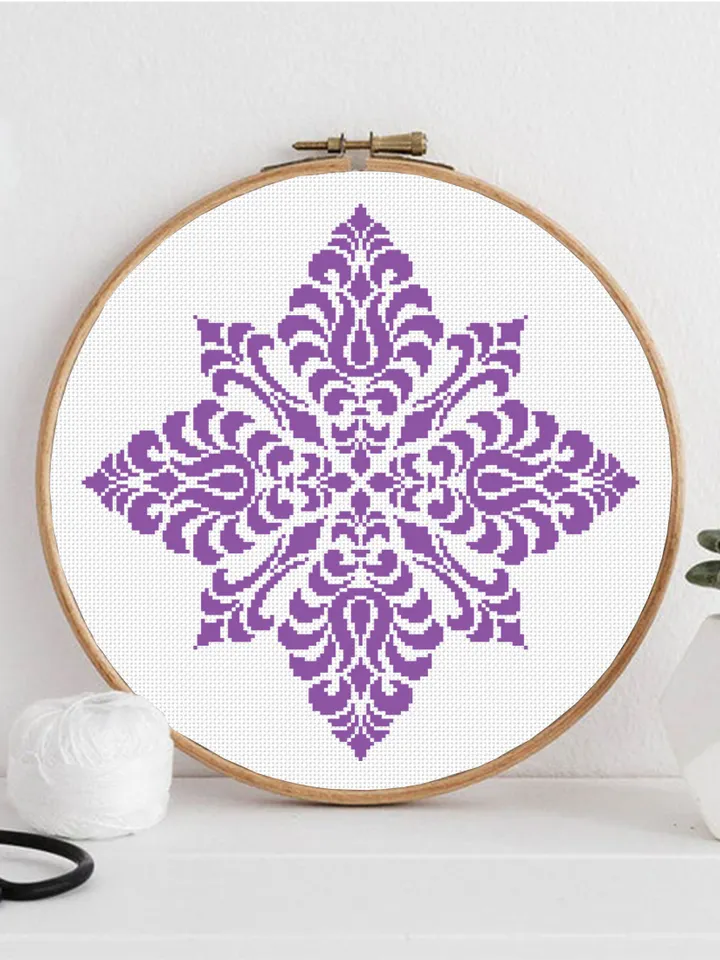 Flower mandala cross stitch pattern PDF download Simple mandala digital PDF, Monochrome ornament cross stitch chart Mandala embroidery #M215