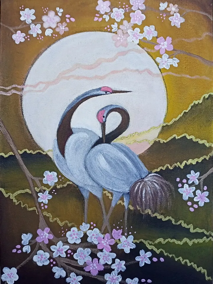 Couple crane acrylic UNFRAMED painting*Pair birds*Moonlight painting*Flowering abstract painting*Blooming branch art*Cherry blossom abstract