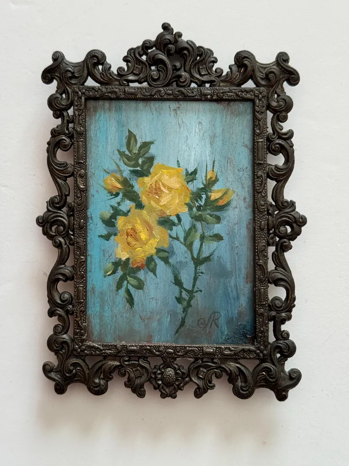 Roses Oil Painting Aceo Original Painting Framed Shabby Chic Painting