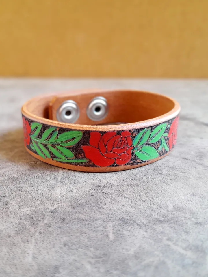 Hand Painted Red Rose Vine Leather Cuff Bracelet, Rose Floral Leather, Personalized Rose Bracelet, Gift for Daughter, Plant Lover Gift Idea