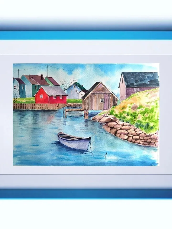 Norwegian Village Painting Original Watercolor Art Scandinavian Landscape 11.8x15.7 in by Art Café