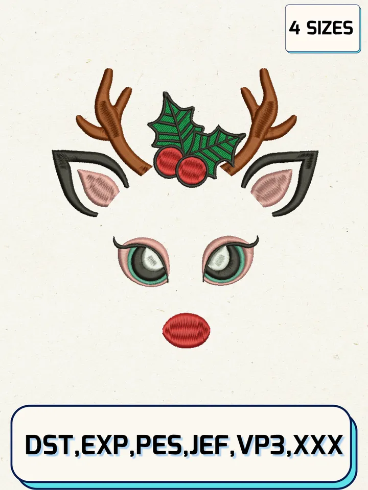 Sweet Tidings Christmas Reindeer Face Christmas Embroidery Design Files,Christmas Embroidery Designs,Machine Embroidery Files,4 Sizes