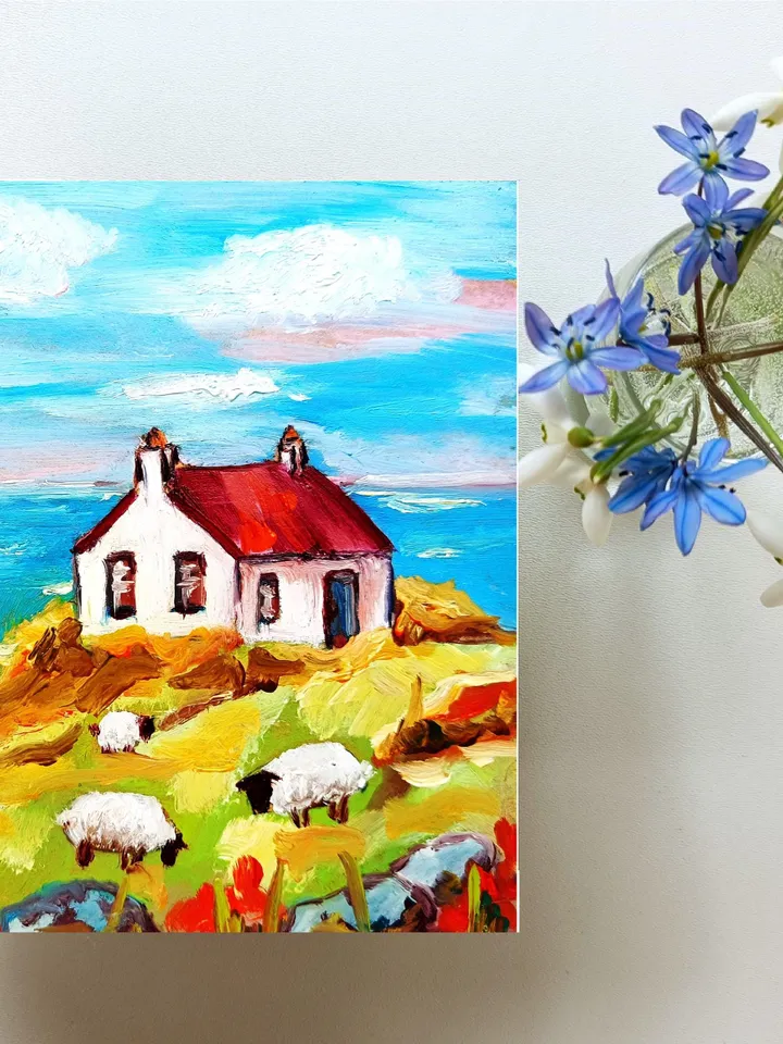 Ireland Painting Irish Cottage Original Art Sheeps Painting Landscape Impasto Oil Painting Farm Small Impressionist Art by ArtProkopaloSv