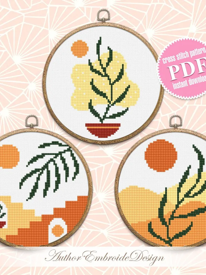 Abstract boho cross stitch pattern PDF download Set of 3 Minimalist nature cross stitch chart, Simple boho floral pattern digital PDF #O10
