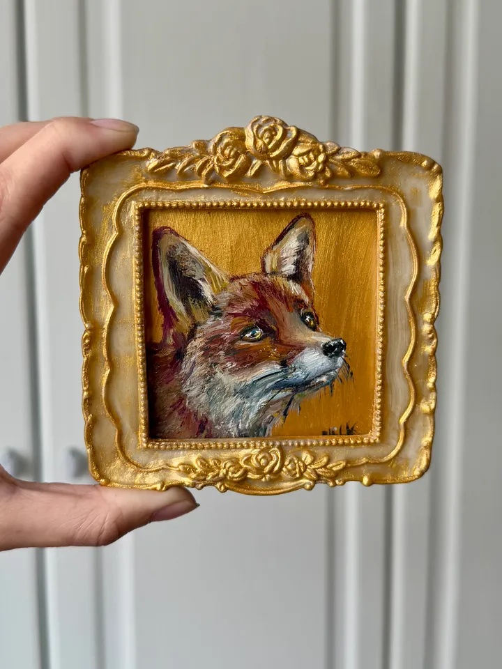 Fox Oil Painting Original In Vintage Style Frame Small Framed Animals Wildlife Art