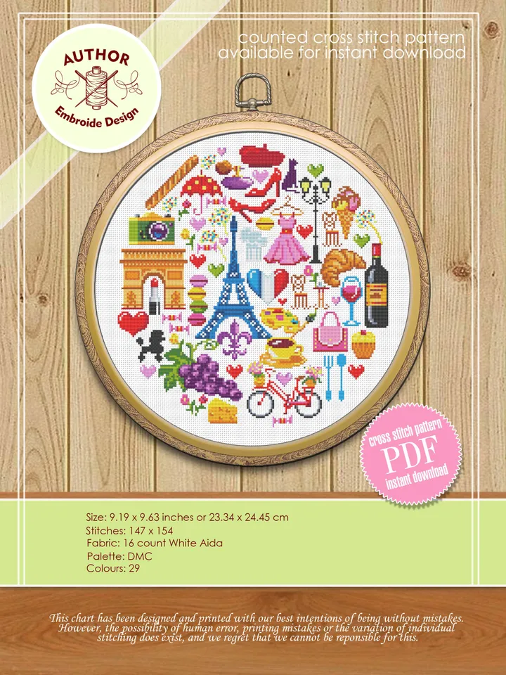 France cross stitch pattern download PDF French sampler PDF Paris cross stitch chart Travel beginner stitch Paris pattern round sampler #E6