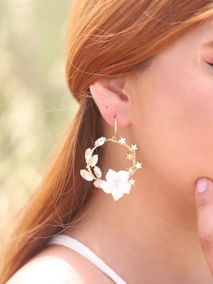 Hoop Star Celestial Gold Wedding Earrings, Porcelain Flowers Bridal Earrings, Swarovski Crystal Statement Wedding Jewelry, Boho Jewellery
