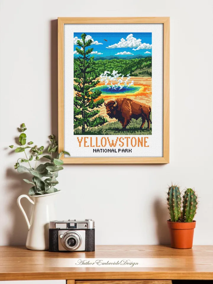 Yellowstone national park cross stitch pattern PDF download Buffalo cross stitch chart, Nature landscape pattern digital Travel poster #L100