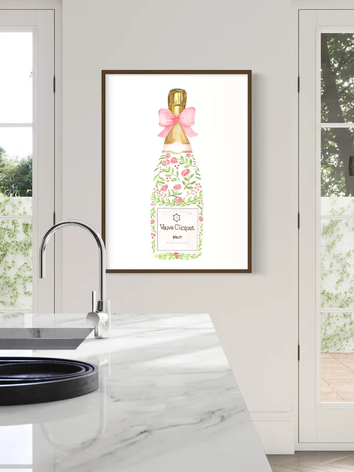 Champagne Bottle Chinoiserie Style Wall Art Print,Pink Watercolor Bar Cart Print, Cocktail Decor,Wine Wall Art,Preppy Bar Cart, Gift For Her