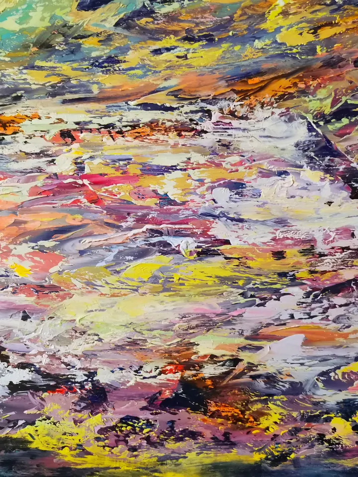 Stream River Mountains Original Oil Painting Borealis Aurora Artist Svinar Oksana