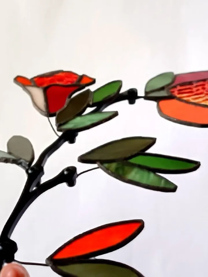 Tiffany Stained Glass: Small Pomegranate Twig, Miniature Pomegranate Branch in Tiffany Style, Tiffany-Style Stained Glass Pomegranate Twig, Small Pomegranate Ornament – Tiffany Technique, Compact Pomegranate Branch in Stained Glass