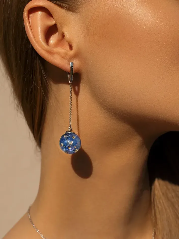 Earrings Silver rhodium plated 925 stars with real forget-me-nots