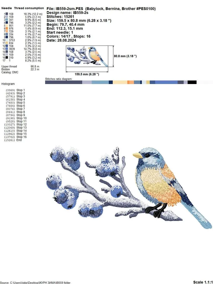 Machine embroidery design &quot;Titmouse and blueberry&quot;