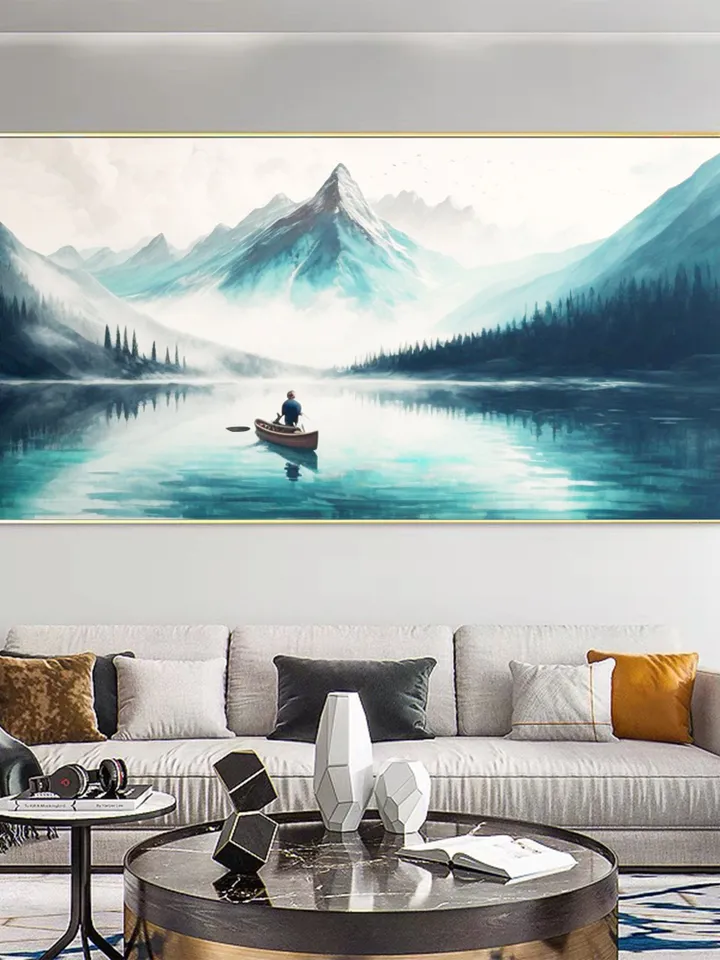 Original Landscape Oil Painting On Canvas, Abstract Snow Mountain Painting, Lake View Art, Boat Painting, Large Wall Art, Living room Decor