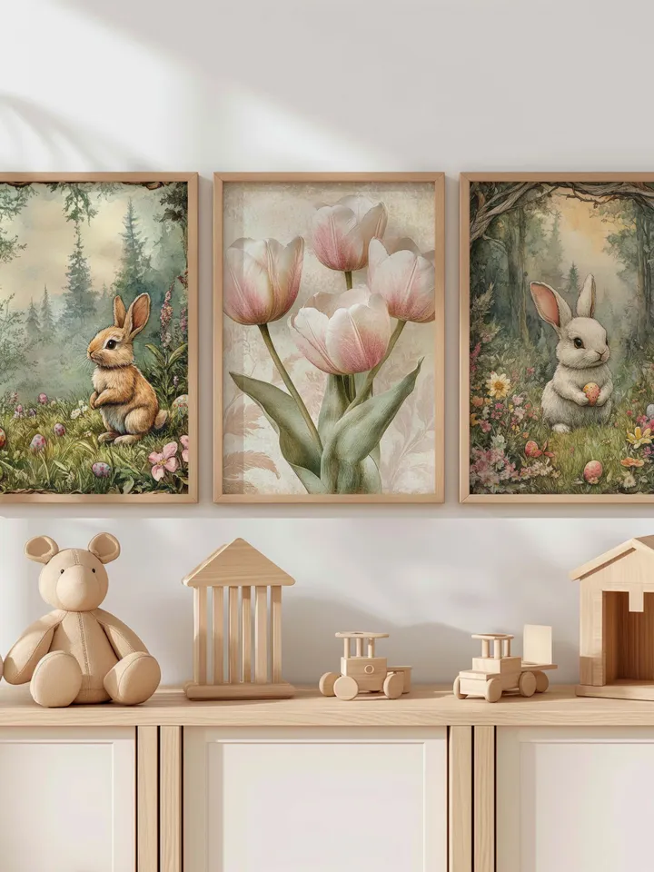 50+Printable Neutral Spring Prints, Gallery Set of Spring Wall Art, Easter Bunny Painting, Farmhouse Easter Painting, Easter Farmhouse Decor