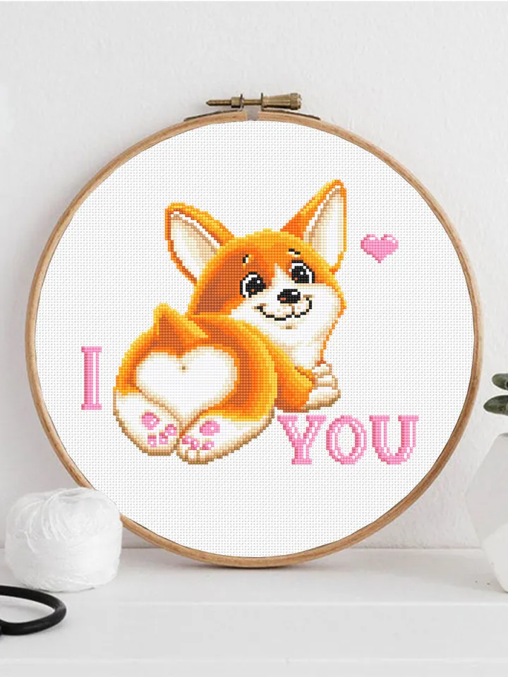 Cute corgi cross stitch pattern download PDF, Dog cross stitch, I love you, Funny pet cross stitch, Dog lover gift, Corgi embroidery #K13