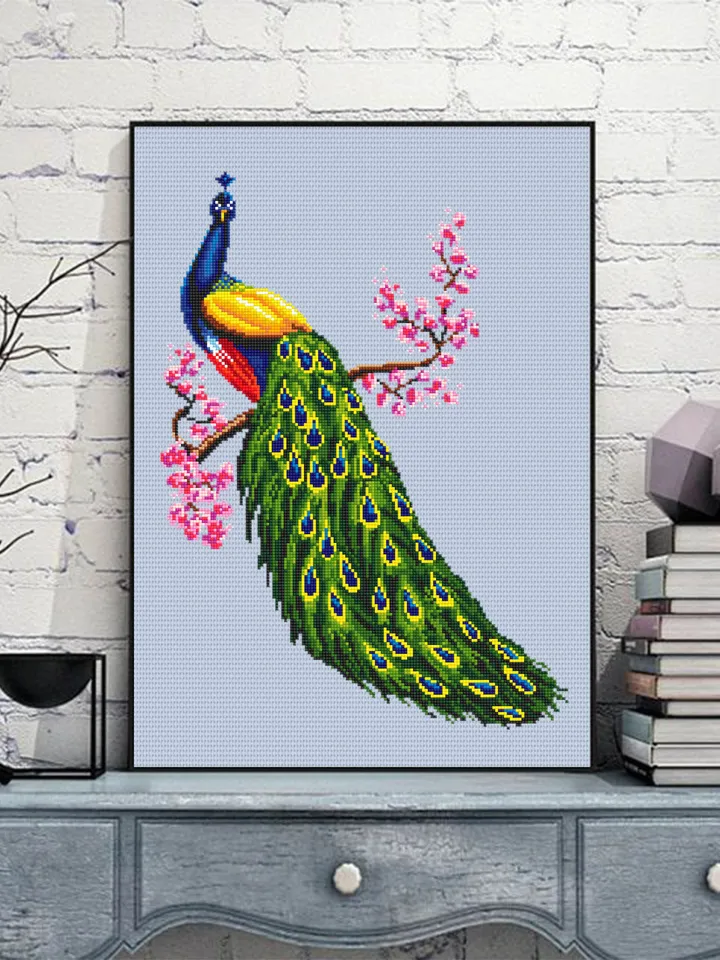 Peacock cross stitch pattern download PDF, Colorful bird hand embroidery PDF, Peacock feathers cross stitch, Spring flowers cross stitch #D3
