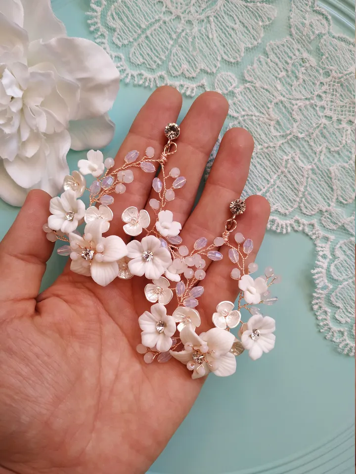Opal Crystal Bridal Earrings Floral Wedding Earrings Boho Wedding Earrings Rose Gold Hoop Chandelier Earrings Statement Wedding Earrings