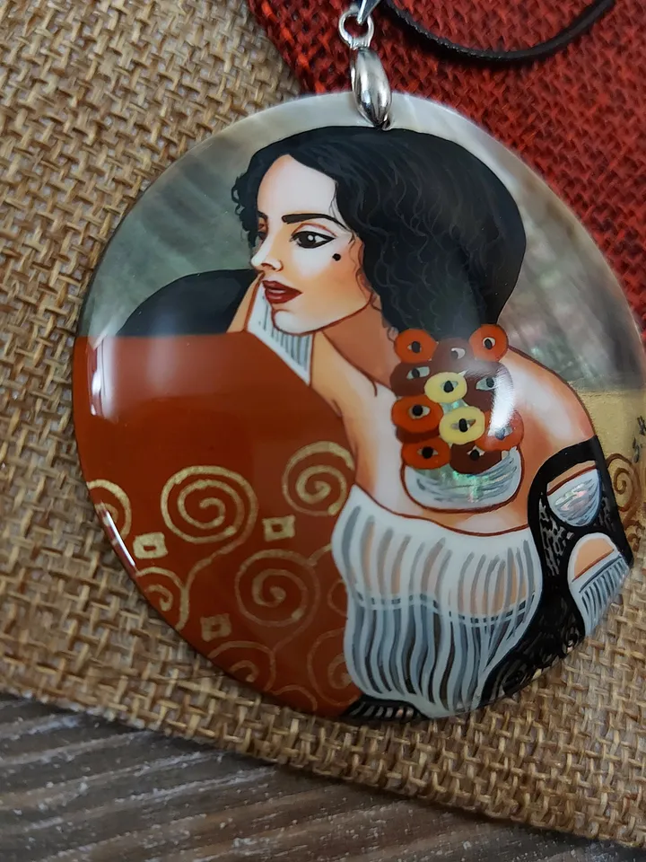 Gustav Klimt. Pendant " Judith ". Mother-of-pearl Russian hand-painted necklace. Hand paint necklace pendant.Hand painted miniature painting