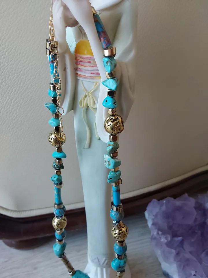Choker, necklace, beads made of turquoise, volcanic lava, tinted in antique gold colorand, gilded hematite. Length 42-50cm