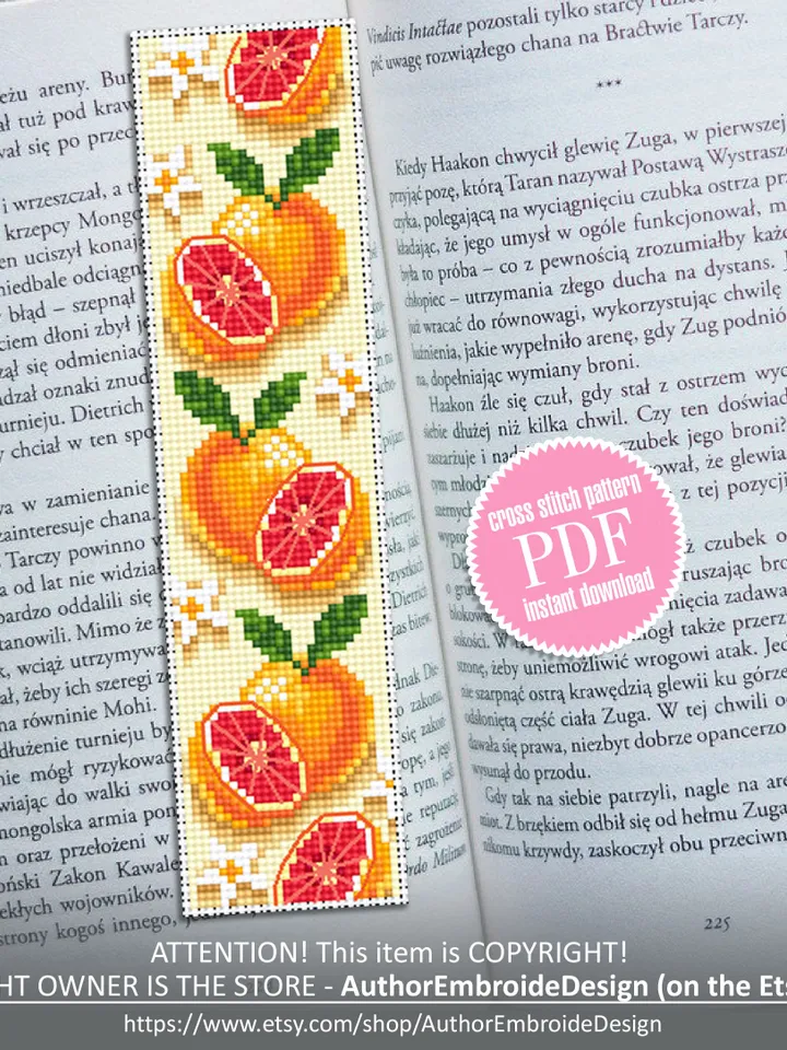 Bookmark grapefruit cross stitch pattern download PDF Tropical fruit cross stitch chart, Digital bookmark pattern PDF, Book lover gift #B144