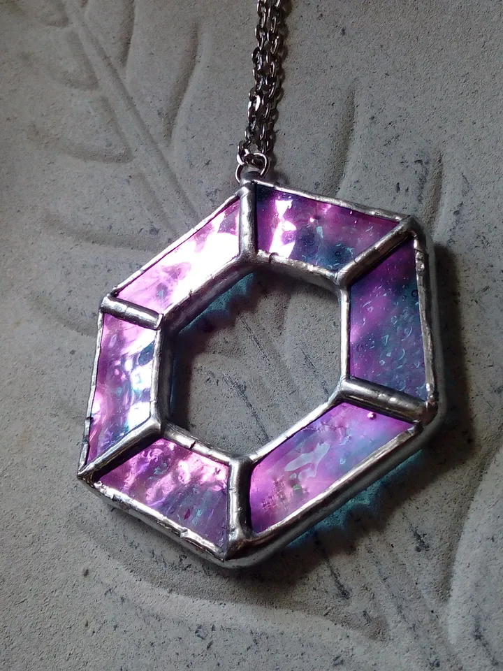 Iridescent stained glass, geometric pendant, Hexagon dichroic necklace, Stained glass cute necklace, Sacred geometry