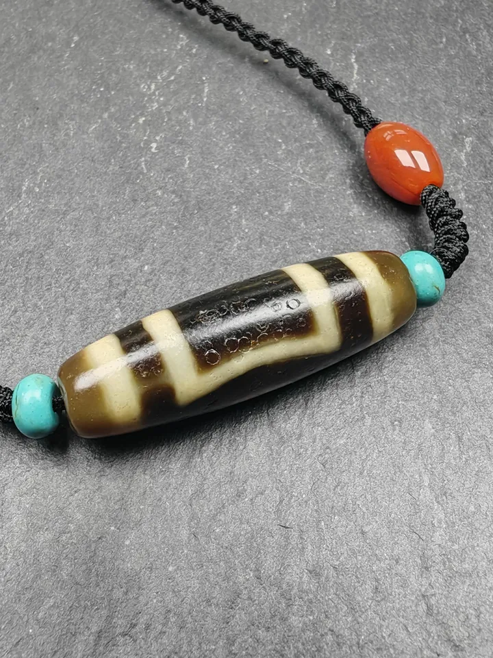 Gandhanra Antique Tibetan Sky & Earth Dzi Bead Necklace,1.5" x 0.4",40 Years Old