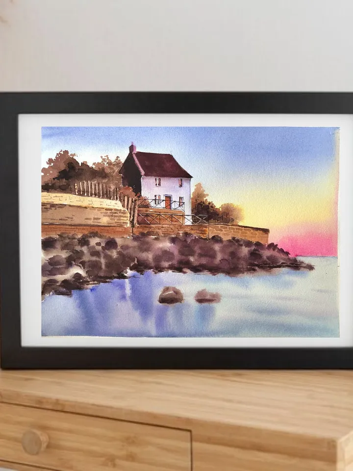 Coast Villa Painting Sunset Frejus Artwork Seascape in Watercolor Original Watercolor Painting 8.27x11.69 in by SoftWaves