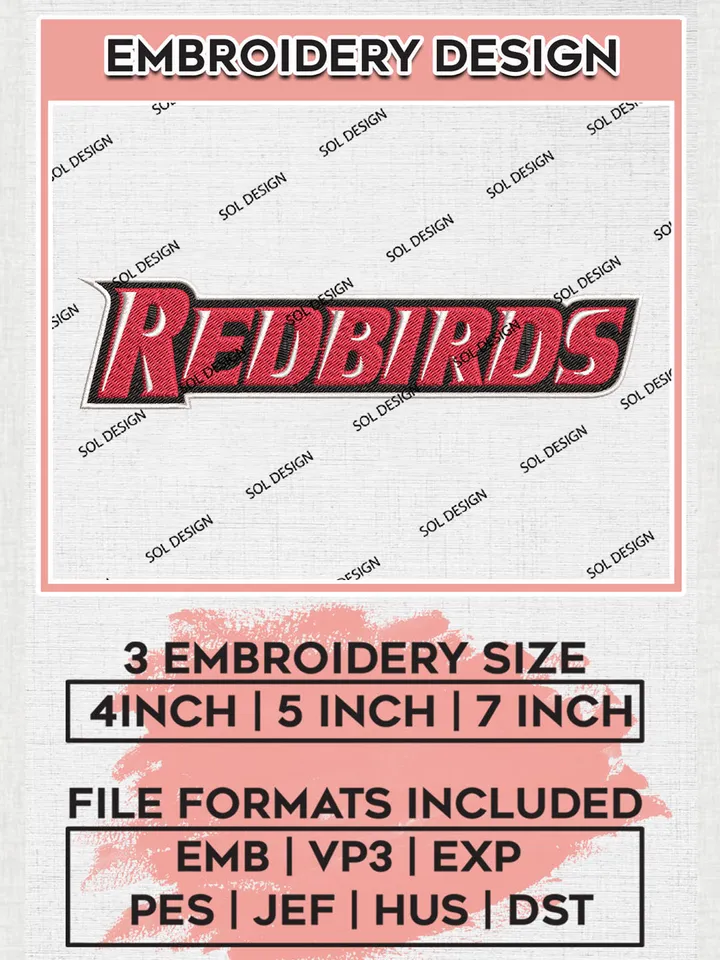 NCAA Redbirds Team Writing Logo Embroidery Design Files, NCAA Illinois State Redbirds Machine Embroidery, NCAA Teams, 3 sizes, NCAA Machine embroidery designs, Digital Download