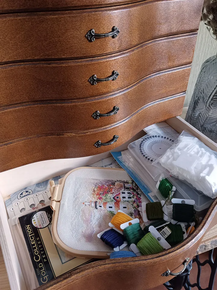 Floss storage cabinet for DMC floss bobbins and skeins, Stitching drawer box with curved faces in vintage style